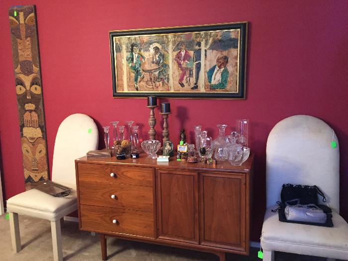 Mid-Century buffet by Drexel, original art signed TOSI, crystal, hand made totem 1960's with seeds.