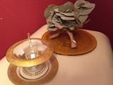 Selenite Desert Rose, antique gold trimmed dish, blown glass cake plate. 