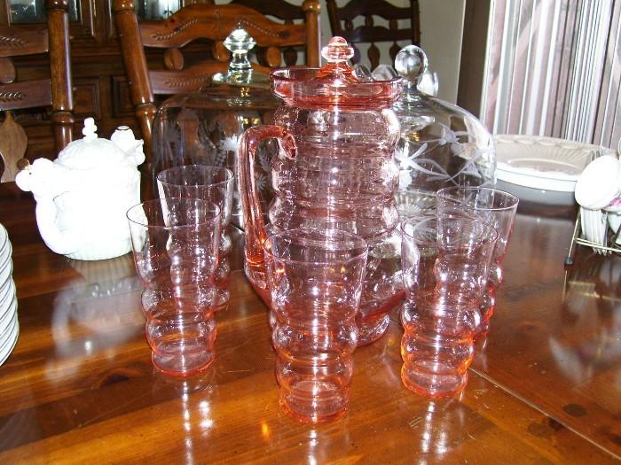 Lovely Pitcher/glasses set - pink Depression with Deco styling