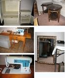 Singer sewing machine and cabinet, pair matching oval end tables with pull out extension, large mirror, TV cabinet with 2 matching end tables