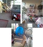 Lawnmower, glider, bakers rack, chairs, etc