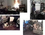 Many picture frames, wing back chair and pillows, small tables etc.