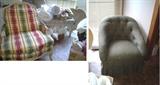Upholstered chairs, bench and linens