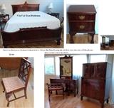 Beautiful "Full Size" Mahogany Bedroom set. Tall-boy bureau has leather inlay on top 2 drawers. Drawers are deep and wide. Dressing table top & side table top need some TLC. Otherwise it's in good shape. Mattress sold separately and will Include box-spring.