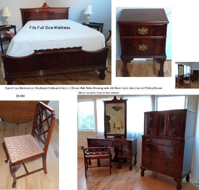 Beautiful "Full Size" Mahogany Bedroom set. Tall-boy bureau has leather inlay on top 2 drawers. Drawers are deep and wide. Dressing table top & side table top need some TLC. Otherwise it's in good shape. Mattress sold separately and will Include box-spring.