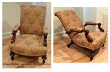 This is a functional antique recliner. Buttons on the arms, when held pushed in, the back reclines.  Reupholstered 3 years ago. Great condition. Unique piece.  $1,250
