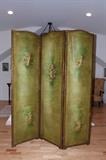 Antique hand painted canvas screen.This elegant tri-fold screen embraces the old days. 

The 3 panels, 18"W x 68.5"H, are beautifully hand painted. It has its wrinkles, cracks, splits and flaws, as do all things rare and old. That is its character and charm. The back side is all black. The edges are trimmed looking like brass with metal tacks.        Très elegant e chic. $450
