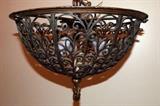 This antique ceiling fixture is beautiful and unique in that the wrought iron is quite decorative with its brass colored accents. It holds 3 small bulbs (included). Short link chain...close to the ceiling for great effect. $175
