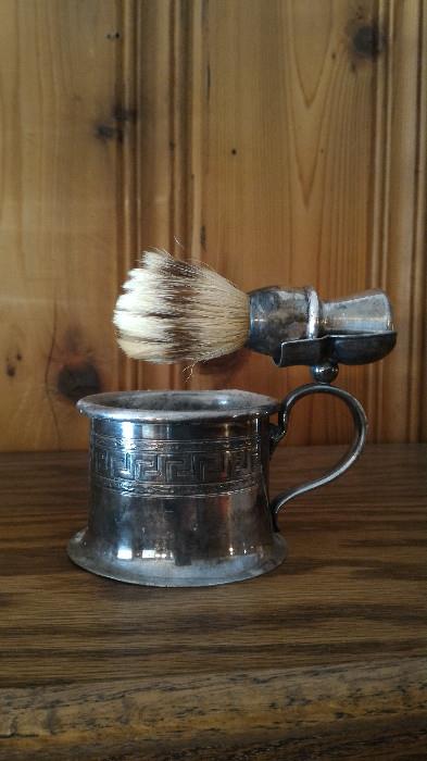 Sterling silver shaving brush with silver plate shaving mug