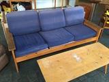 Sofa and coffee table. Coffee table has great mid-century lines but needs a little TLC. 