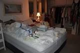 Queen mattress set, linens, ladies clothing and shoes, milk glass lamps.