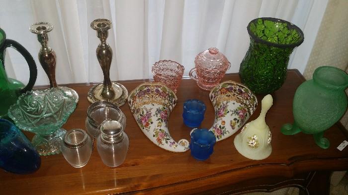 Threaded glass with sterling tops condiments, possibly,  Dresden/Meissen handpainted matching wall pockets. Depression glass, Duncan Miller and still unpacking !!!!