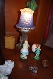 Alice in Wonderland, Mickey Mouse bank, girl scout figurine, one of two vintage lamps.