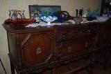 Lots of Fenton, Venetian Italian glass, antique buffet