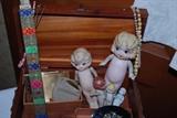 Vintage compacts, ruler, bisque dolls, jewelry