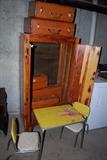 Pine cabinet with old suitcases, vintage child's table and chairs,