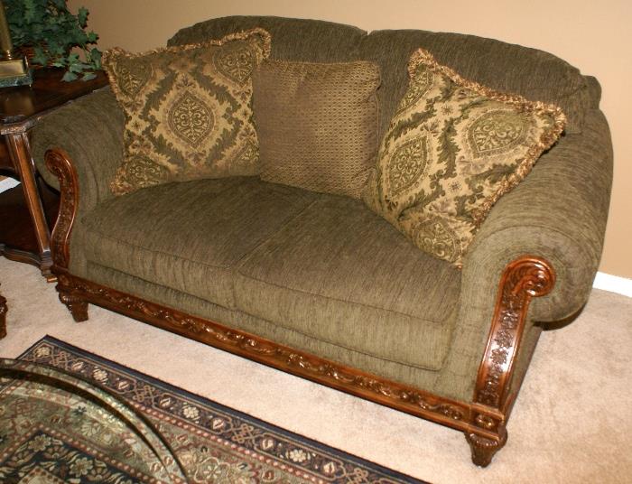 Stunning Sage Green Cloth & Wood Frame Love Seat, by Broyhill Furniture.