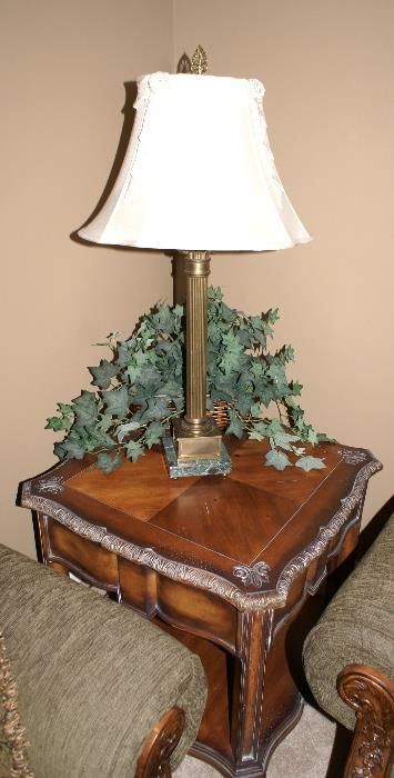 Wooden End Table with Drawer &  Brass Table Lamp.