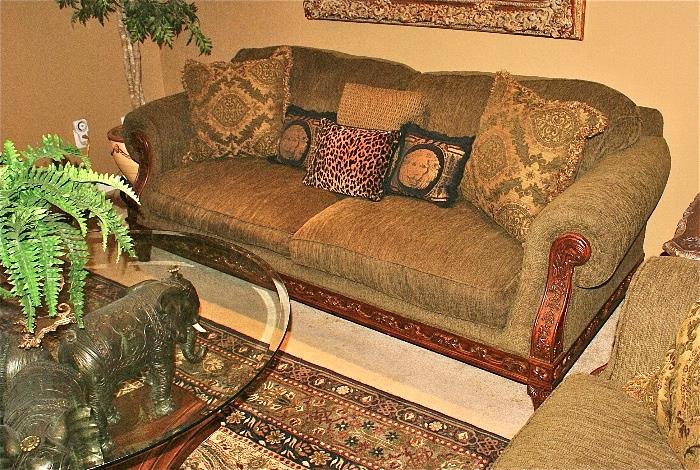 Stunning Full Size Sage Green Cloth & Wood Frame Sofa by Broyhill Furniture 
