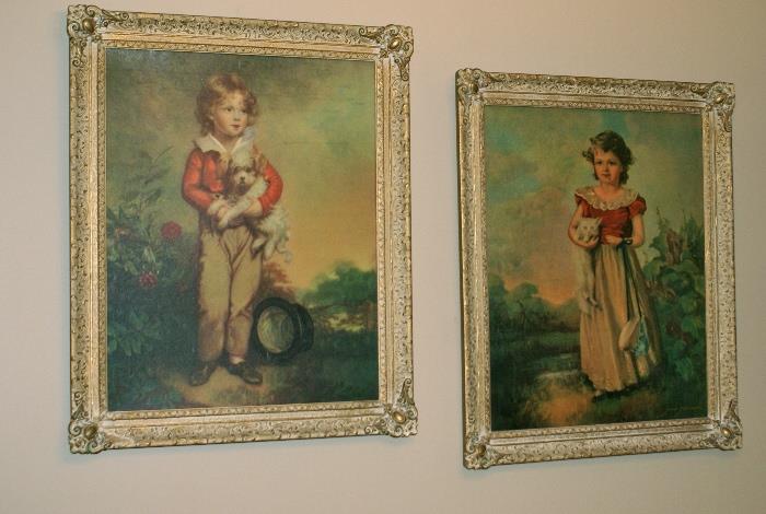 Framed Oil Paintings of Young boy holding Dog & Young Girl holding Cat 