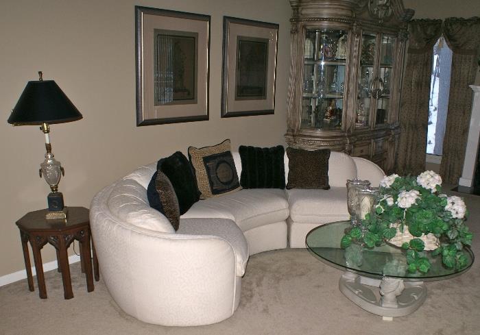 Stunning White Cloth Kidney Shape Sofa, Glass Top Coffee Table w/base, & Crystal Base Table Lamp 