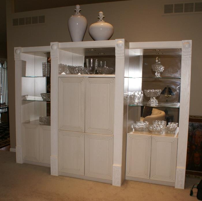 Modern 3 Piece Mirrored Back, Lighted, Glass Shelfs, White Wood Wall Cabinet with Blind Front Doors.  