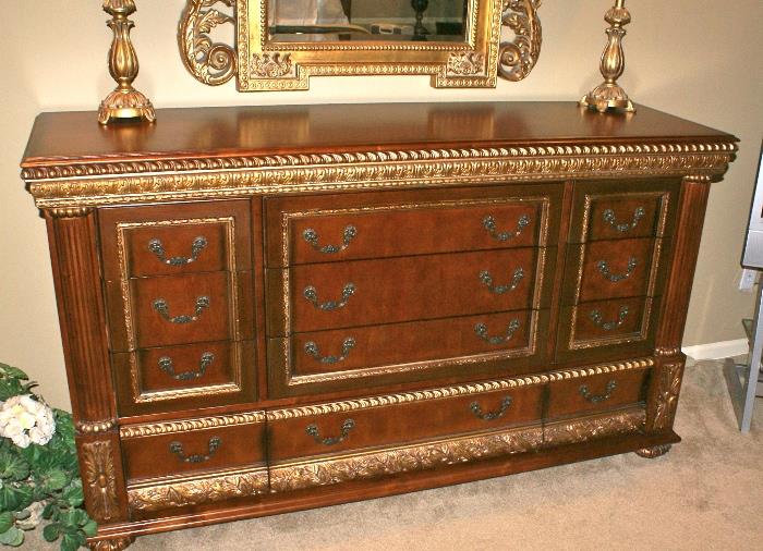 Pulaski Furniture Close-up of Master Bedroom Dresser. Gold Gilt & Inlayed Wood Design 