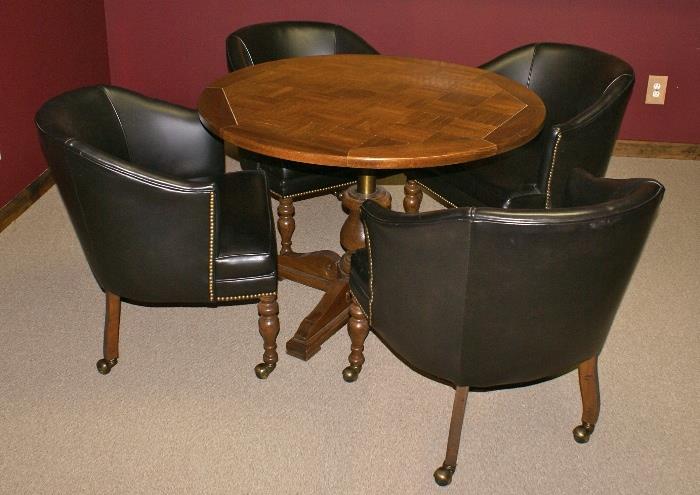 Hi-Lo Card or Coffee Table. 4 Black Vinyl Barrel Chairs