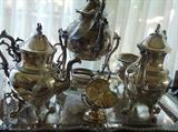 Antique Silver Plated Complete Tea Set, Tippler, Coffee Pot, Tea Pot, Waste, Creamer and Sugar on Silverplated Footed Tray