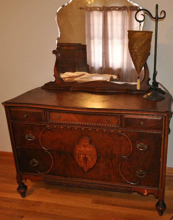 Antique Burl Walnut Dresser & Mirror