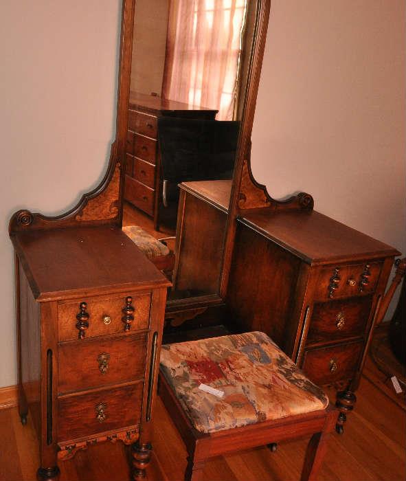 Antique Burl Walnut Vanity with 6 drawers and large mirror