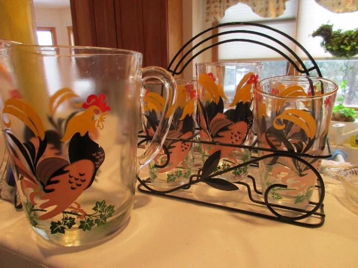 Rooster Pitcher, Rooster Glasses and holder (1 missing glass)
