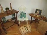 Miscellaneous tables, blue canning jars, 