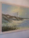 Framed oil beach scene
