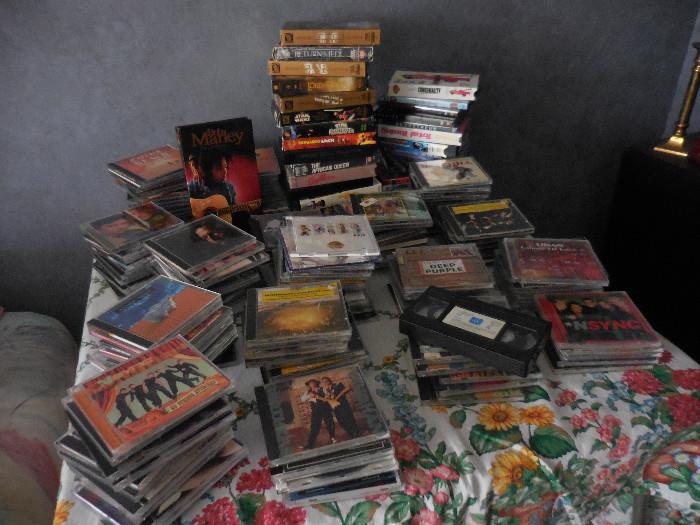 CD's, DVD's. Some VHS. Rock,Dance. Christmas, Variety