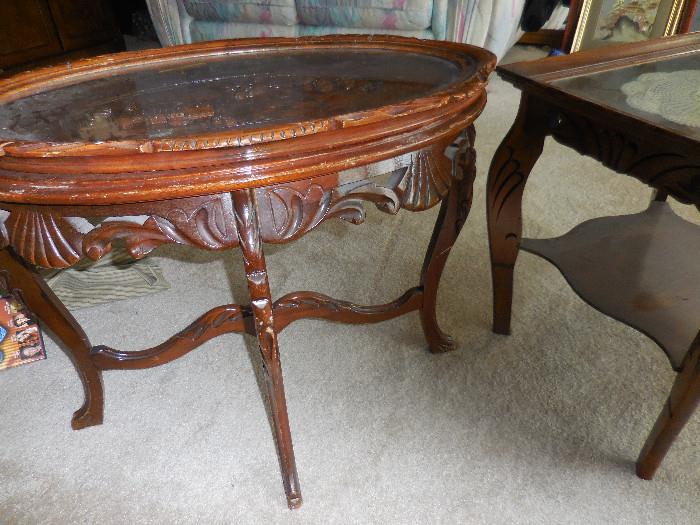 Vintage Hand Carved Mahogany. Butler Table. Glass Tray Top