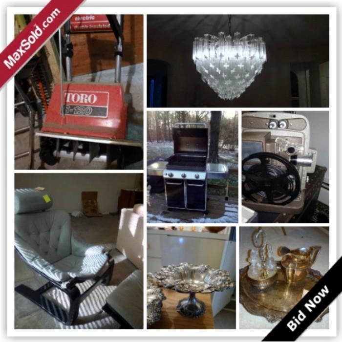 Grey Leather Armchair With Footrest,Assortment Of Sterling Silver Hollow Ware,Brothers Silver Plated Pitcher,Toro S120 electric snowblower, Weber Genesis Patio Gas Grill With Utensils Glass Chandelier ,Bell n Howell slide and reel projectors