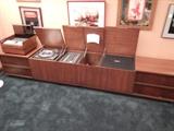GE CONSOLE STEREO MODEL C812 FROM 1968. TWO SECTIONS WITH TURNTABLE, TUNER, TV PLATFORM, AND MATCHED REEL TO REEL SETTOP UNIT.