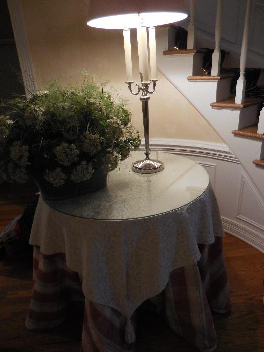 Entry Way. Candelabra Lamp.Decor. Glass Top/Cardboard Table/Skirts