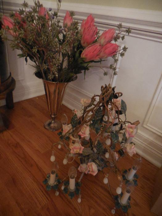 Flower Enamel Light Fixture. Vase of Silk Roses
