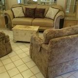 Leather sofa, faux painted trunk - pair of upholstered club chairs