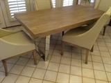 Pine top, chrome base dinning table with 4 leather like chairs