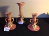 Roseville Apple Blossom Pink Bud Vase & Candlesticks