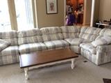 Wood field sectional with sleeper, farmhouse wood coffee table