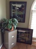 Signed golf art, vintage file cabinet