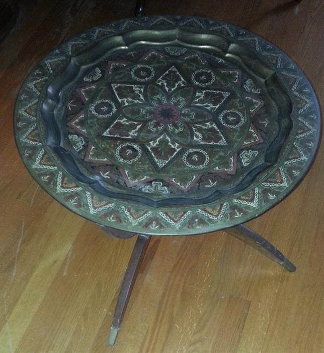Moroccan brass etched tray coffee table
