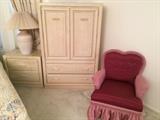 Stanley Furniture nightstand (we have a total of 2) and armoire. Pink moire upholstered chair. 