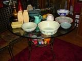 Glass top dining table and 4 chairs, pottery
