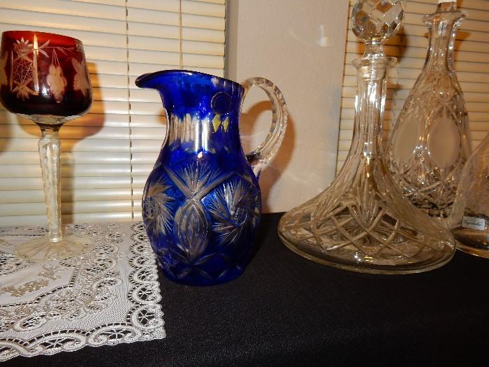 Mini Cobalt Blue Cut to Clear Pitcher Lead Crystal