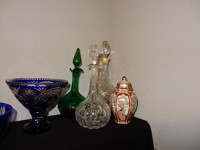 Assorted Collection of Decanters and Cut to Clear Bowls Lead Crystal